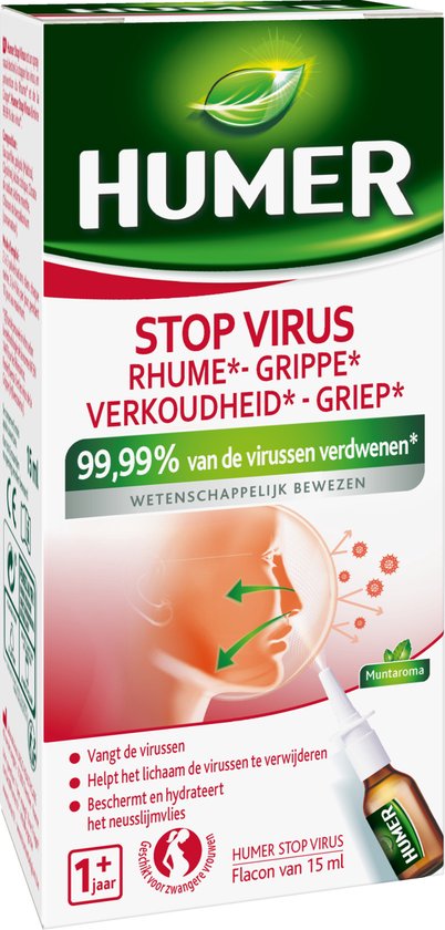 Humer - Stop Virus Neusspray - Preventie van verkoudheid en griep - 99,99% van de virussen geëlimineerd - 15ml