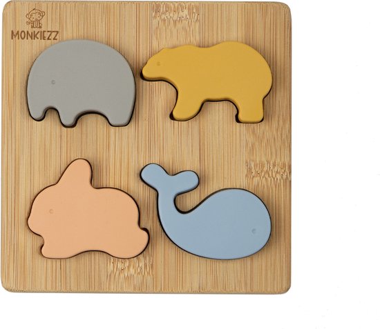 Monkiezz® houten puzzel - animal | educatief | spellen | speelgoed | silicone | olifant, ijsbeer, konijn en walvis | vormenpuzzel