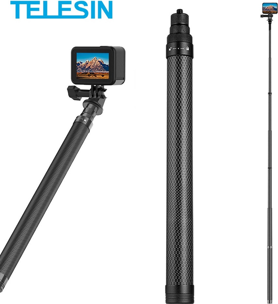 PRO SERIES 116 cm Carbon Fiber Selfie Stick Uitschuifbare Monopod voor GoPro / Insta360 / DJI Osmo enAction Cameras
