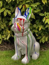 Franse French bulldog 80 cm hoog - hond - dog - wit -druppel - verfvlek - zonnebril - polyester - polyresin - polystone - hoogkwalitatieve kunststof - decoratiefiguur - interieur - accessoire