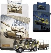 Dekbedovertrek Legertank- Army Fighter- Glow in the Dark- 1 persoons- Katoen- 140x200cm, incl. Military set , Landrover met Aanhanger