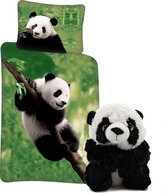 Dekbedovertrek Panda 140x200 cm- Katoen- 1 persoons- incl. pluche Panda 16 cm hoog