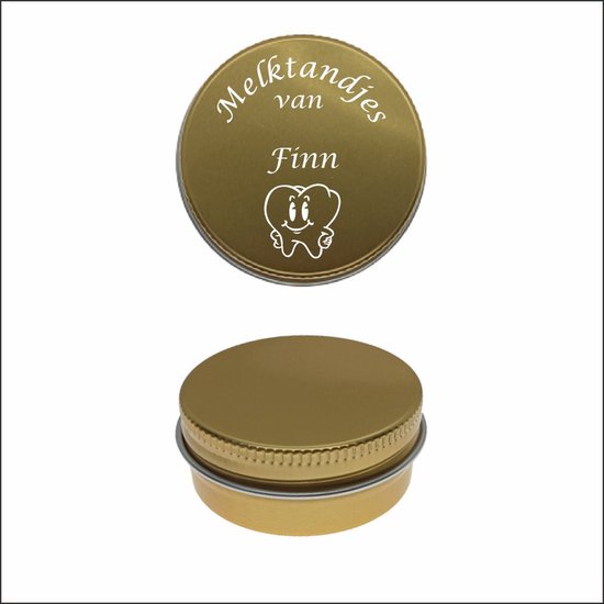 Boîte dorée avec le texte 'Melktandjes van Finn' et une dent souriante dessinée.