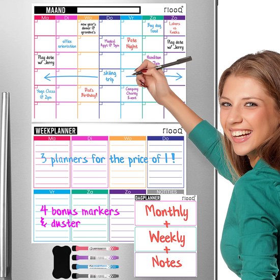 FLOOQ Magnetische Maandplanner Weekplanner 2024 en Boodschappenlijst - Complete set - Planbord - Familieplanner - Dagplanner - To Do Planner - Inclusief Markers & wisser