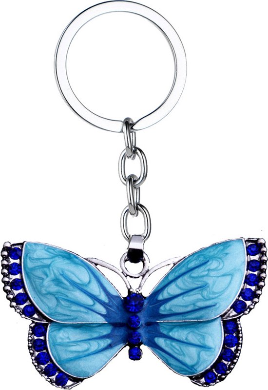 Porte-clés avec un papillon bleu clair aux bords d'ailes bleu foncé et strass.