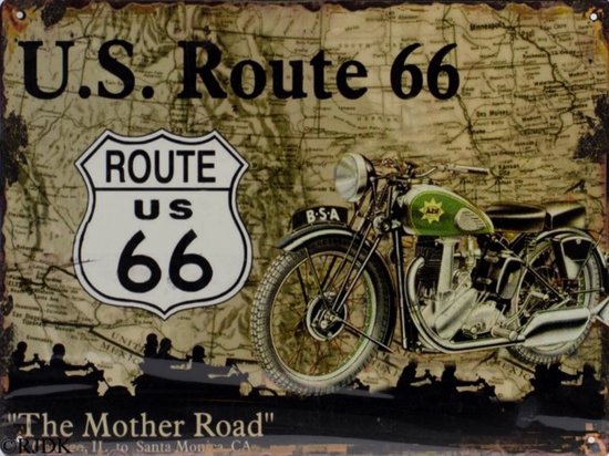 2D Metalen wandbord "Route 66" 33x25cm