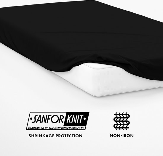Drap housse noir sur un matelas, avec logos 'SANFOR KNIT SHRINKAGE PROTECTION' et 'NON-IRON'.