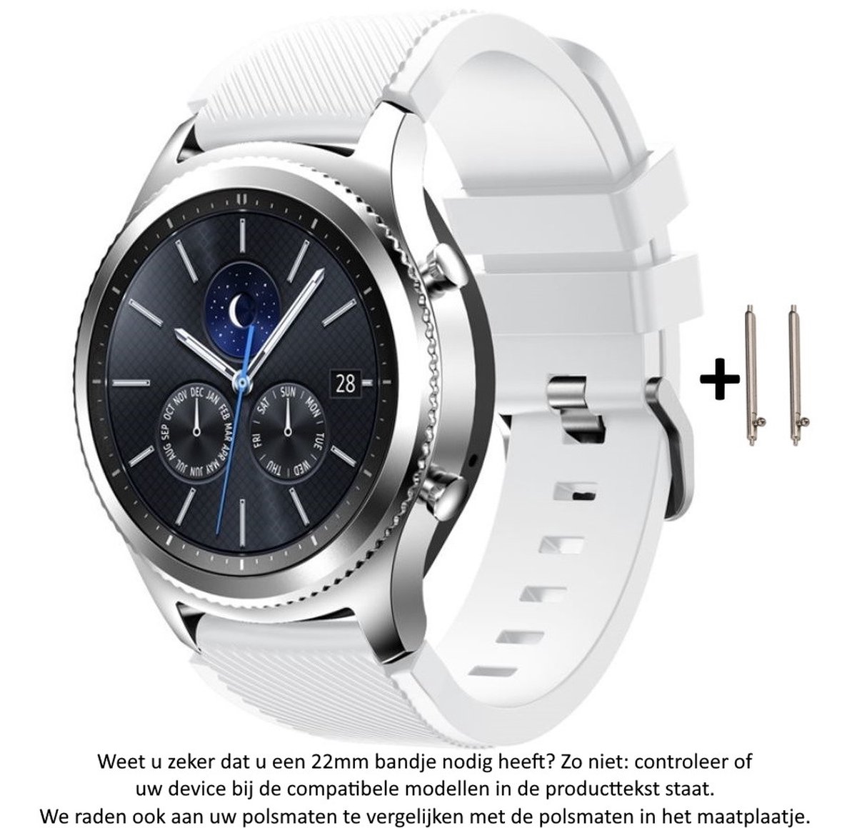 Wit Siliconen Bandje geschikt voor 22mm smartwatches van verschillende grote merken (zie lijst met compatibele modellen in producttekst) - Maat: zie maatfoto - 22 mm white rubber smartwatch strap