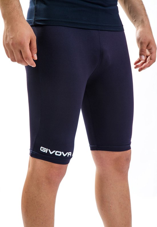 Marineblauwe nauwsluitende sportbroek tot op de knie met Givova-logo op de zoom.