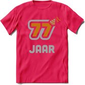 77 Jaar Feest T-Shirt | Goud - Zilver | Grappig Verjaardag Cadeau Shirt | Dames - Heren - Unisex | Tshirt Kleding Kado | - Roze - S