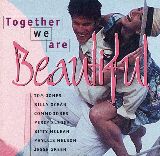 Twee lachende mensen die elkaar omhelzen, met de tekst 'Together we are Beautiful'.