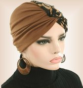 Trendy tulband wrap chemomuts camel bruin zwart maat S/M