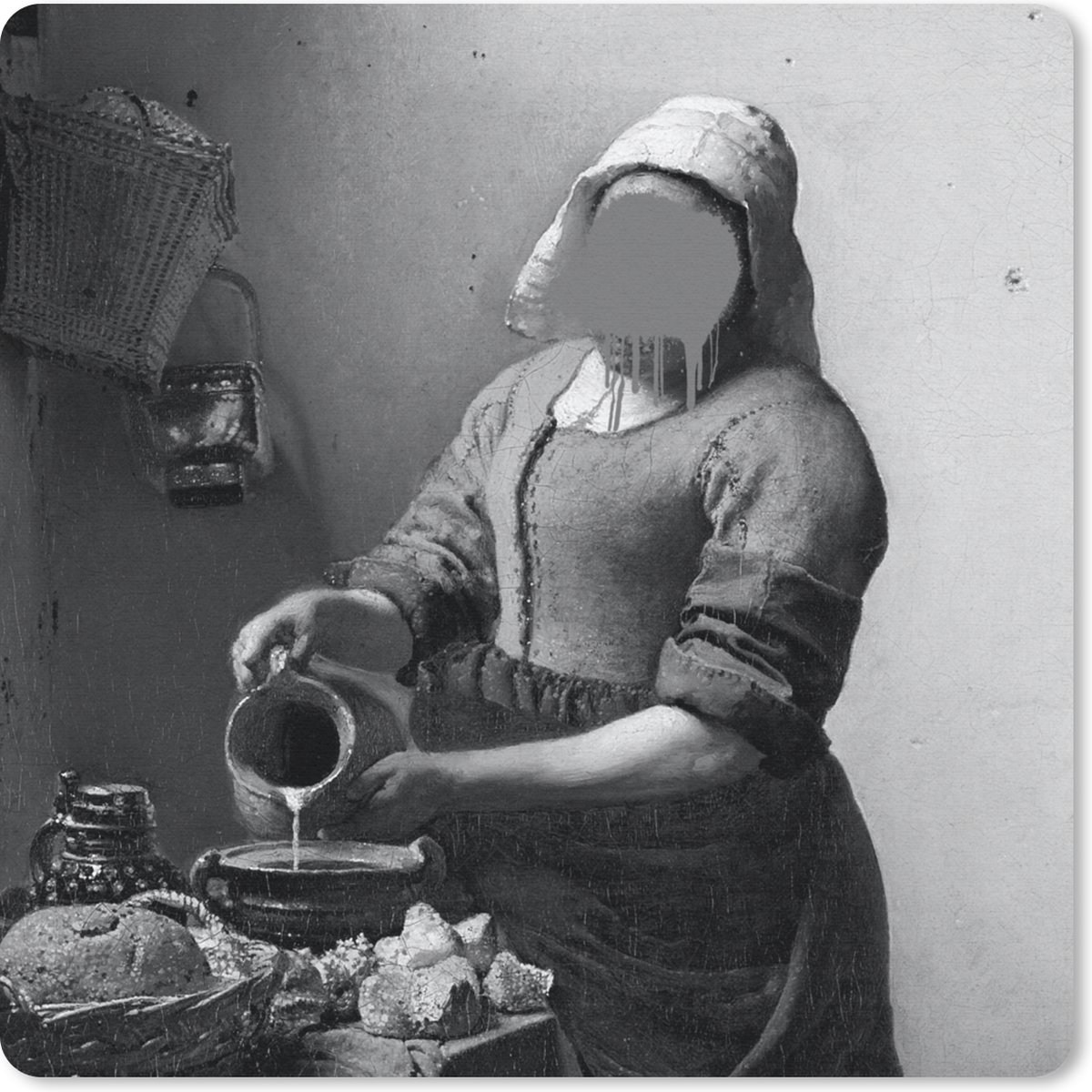 Muismat 20x20 cm - Mousepad Het melkmeisje - Johannes Vermeer - Zwart - Wit - Muismatten