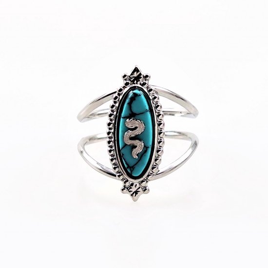 Dottilove Verstelbare Ring - Dames Ring Turquoise Steen - Slang - Witgoudkleurig Verguld Stalen Ring