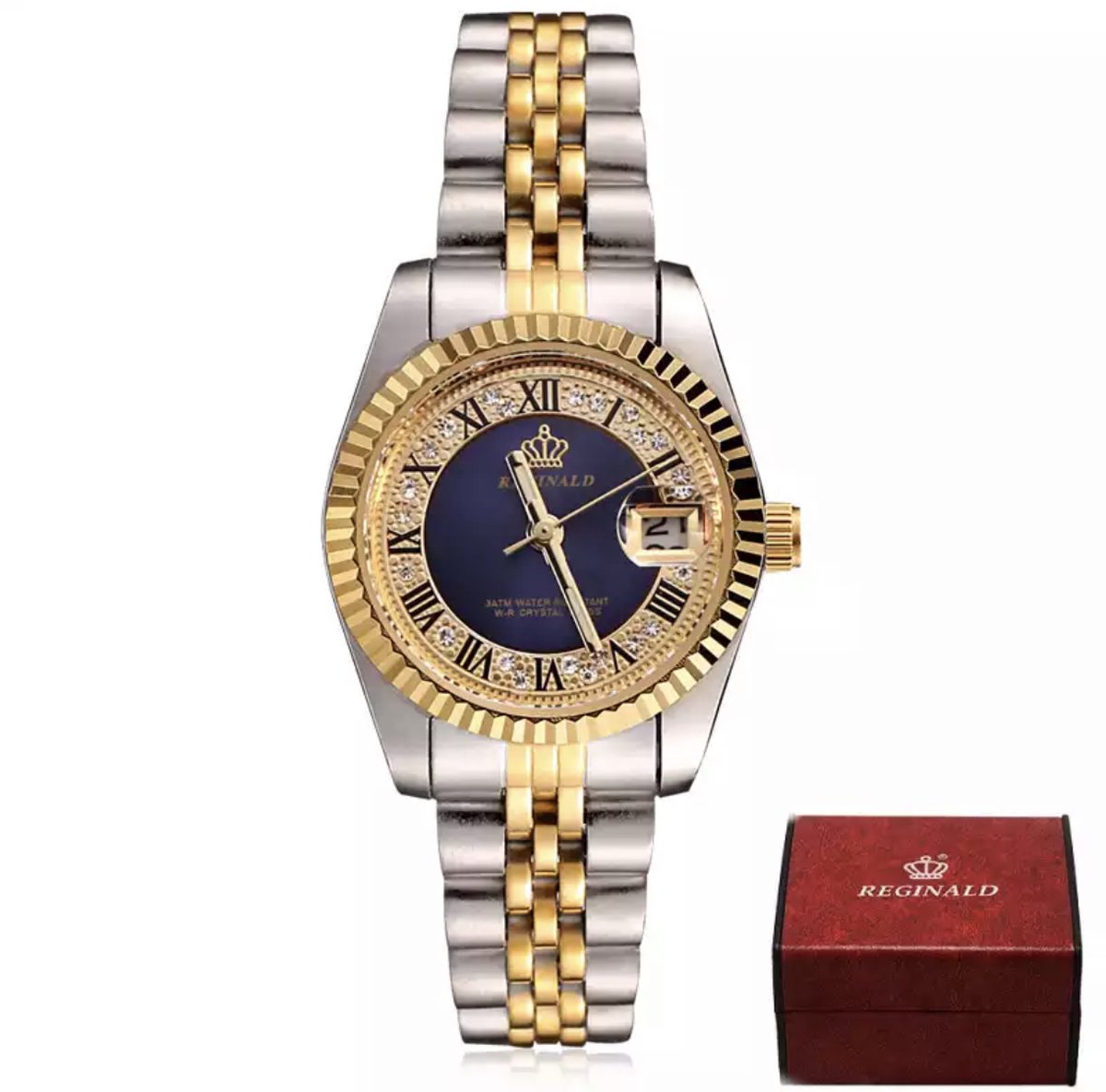 Reginald Horloges - Gold Blue - Horloge vrouwen - Luxe Design - Dames horloge - 27 mm - Roestvrij Staal - Waterbestendig - Schokbestendig - Geschenkset