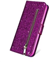 Hoesje geschikt voor Oppo A15 Glitter Bookcase met rits van LuxeBass - hoesje - portemonneehoesje - Paars - bookcase - boekhoesje - book case - boek hoesje