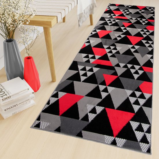 Tapiso Maya Tapis de couloir Zwart Rouge Couloir Moderne Salon Couloir Taille - 80x950