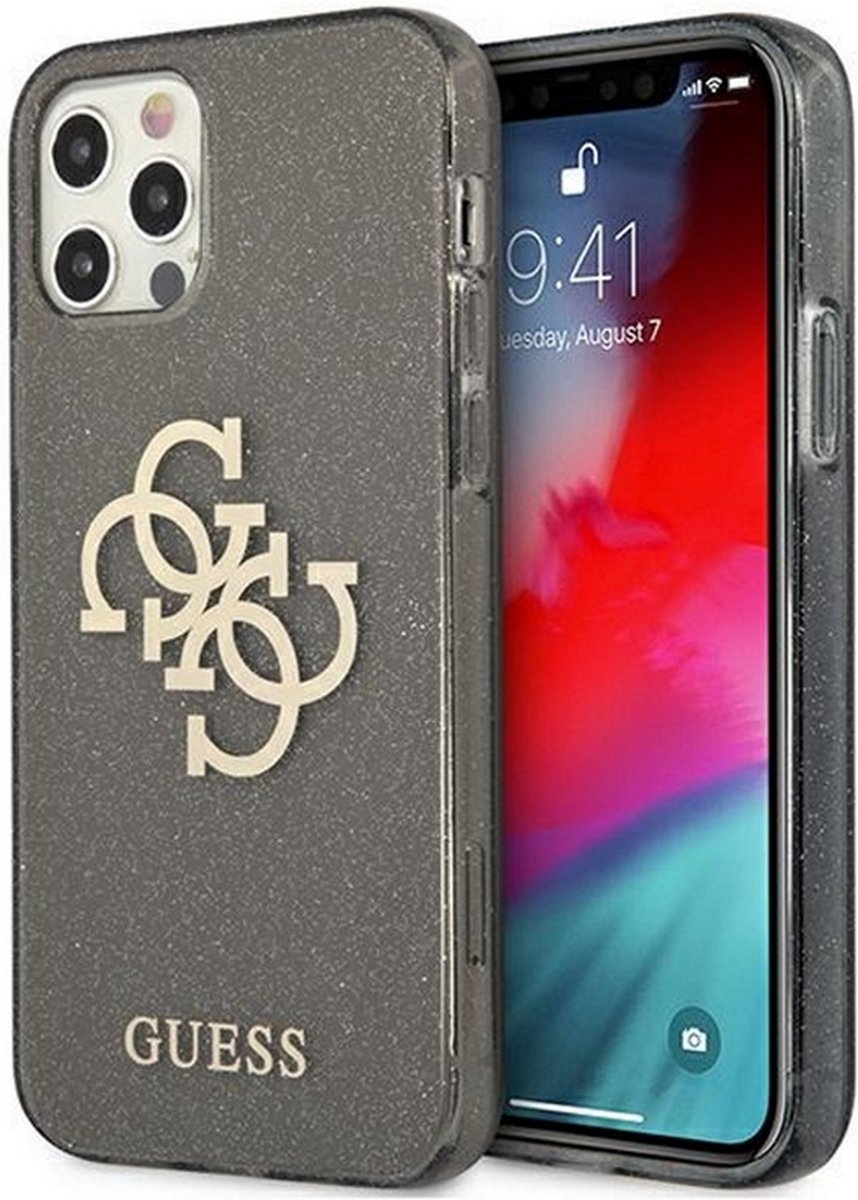 Guess 4G Logo Glitter TPU Back Cover - Geschikt voor Apple iPhone 12 Pro Max (6.7") - Zwart
