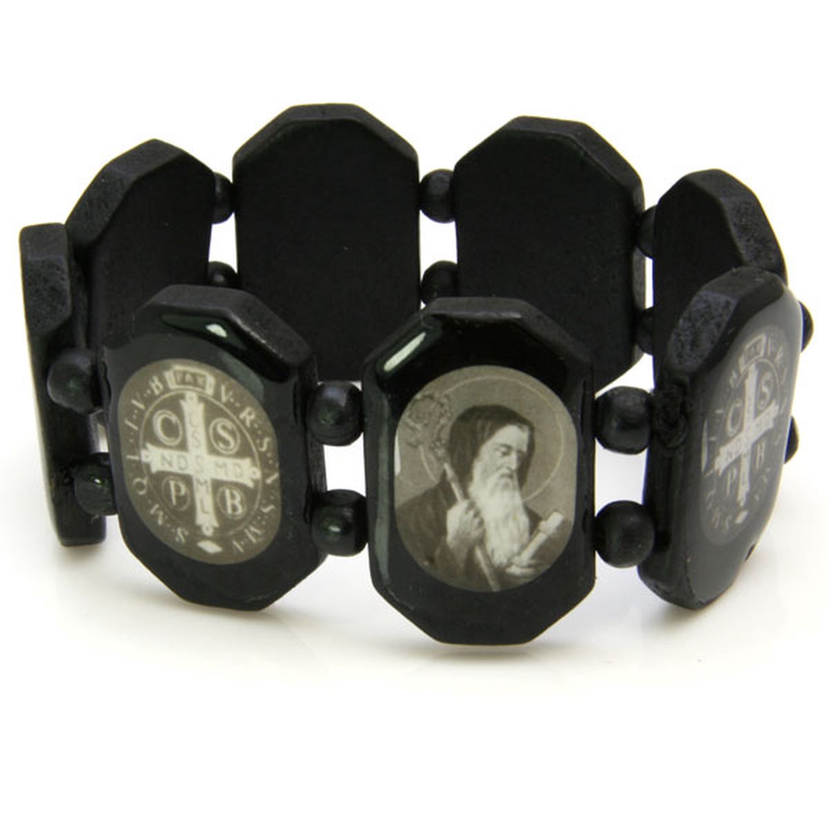 Armband met grote zwarte houten kralen en afbeeldingen van heiligen 19cm