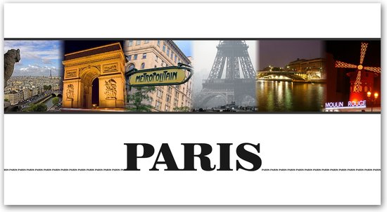 Dibond - Stad / Parijs / Paris / Collage in wit / zwart / rood / geel / blauw - 50 x 100 cm.