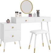 Luxe Make-Up Tafel met Spiegel | 4 lades | Wit en goud | met Krukje | Kaptafel