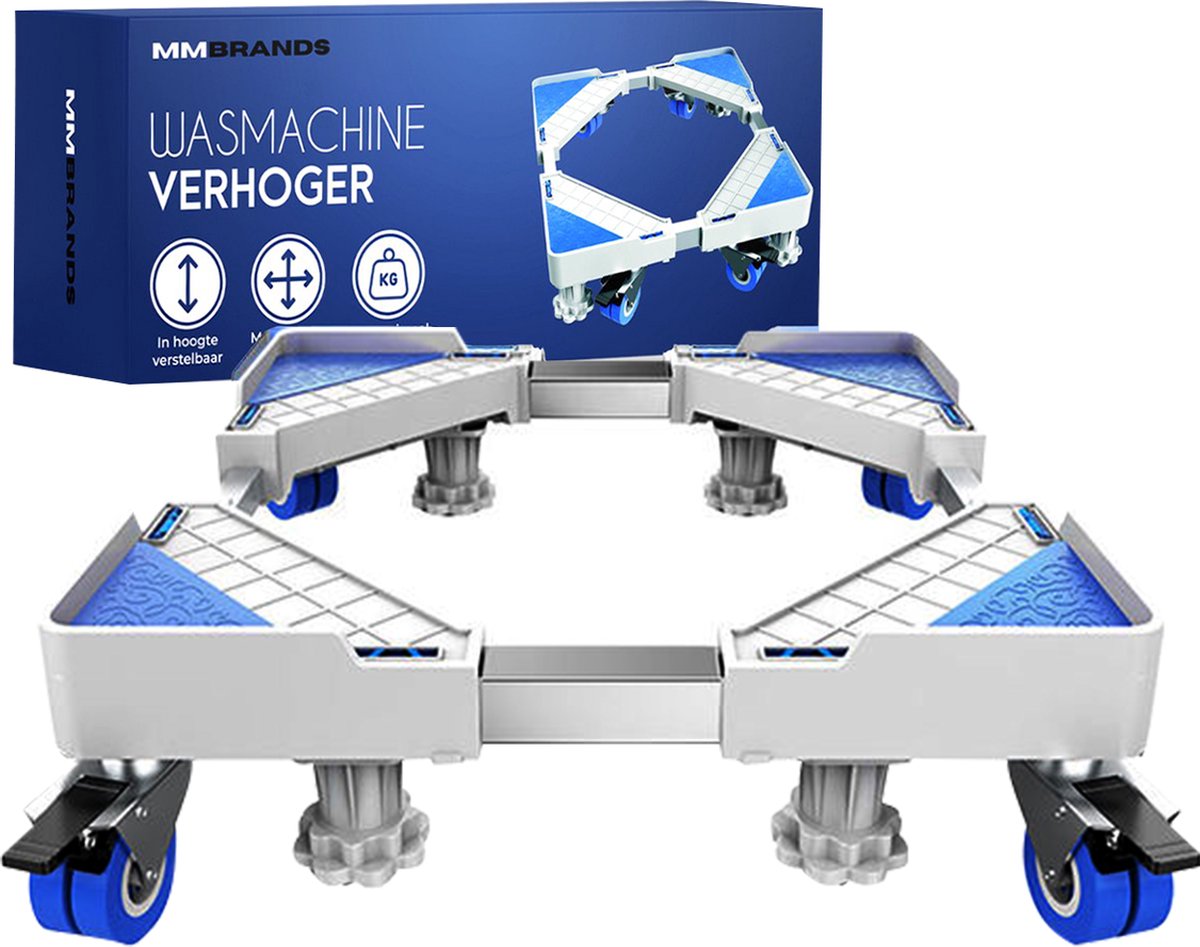 MM Brands Wasmachine Verhoger - Meubelroller - Meubelverplaatser - Ook geschikt voor Vaatwasser, Koelkast, Vriezer en Droger - Met Wieltjes - Blauwe Pads - MM Brands
