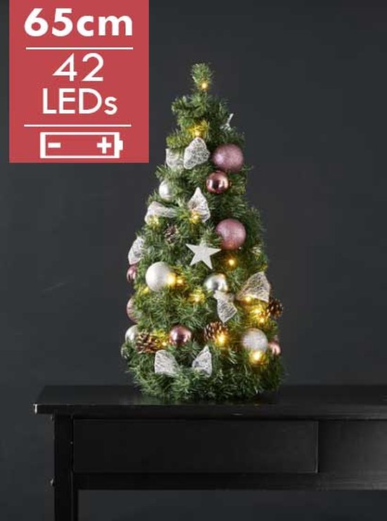 Mini versierde Kerstboom "Noel" 65cm -lichtkleur: Warm Wit -Werkt op batterijen -Met timer functie -Kerstdecoratie