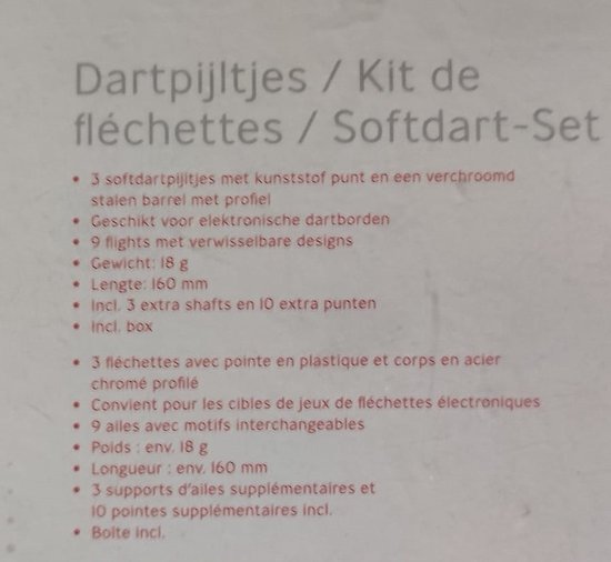 Dartpijltjes voor electronische dartborden /Kit de flechettes/ softdart - set kunststof punt verchroomd stalen barrel met profiel 18 g 10 extra punten lengte 160 mm 9 flights met designs 3 extra shafts — afbeelding 2