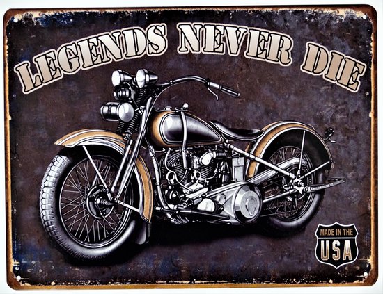 2D metalen wandbord "Legends never die" 25x20cm