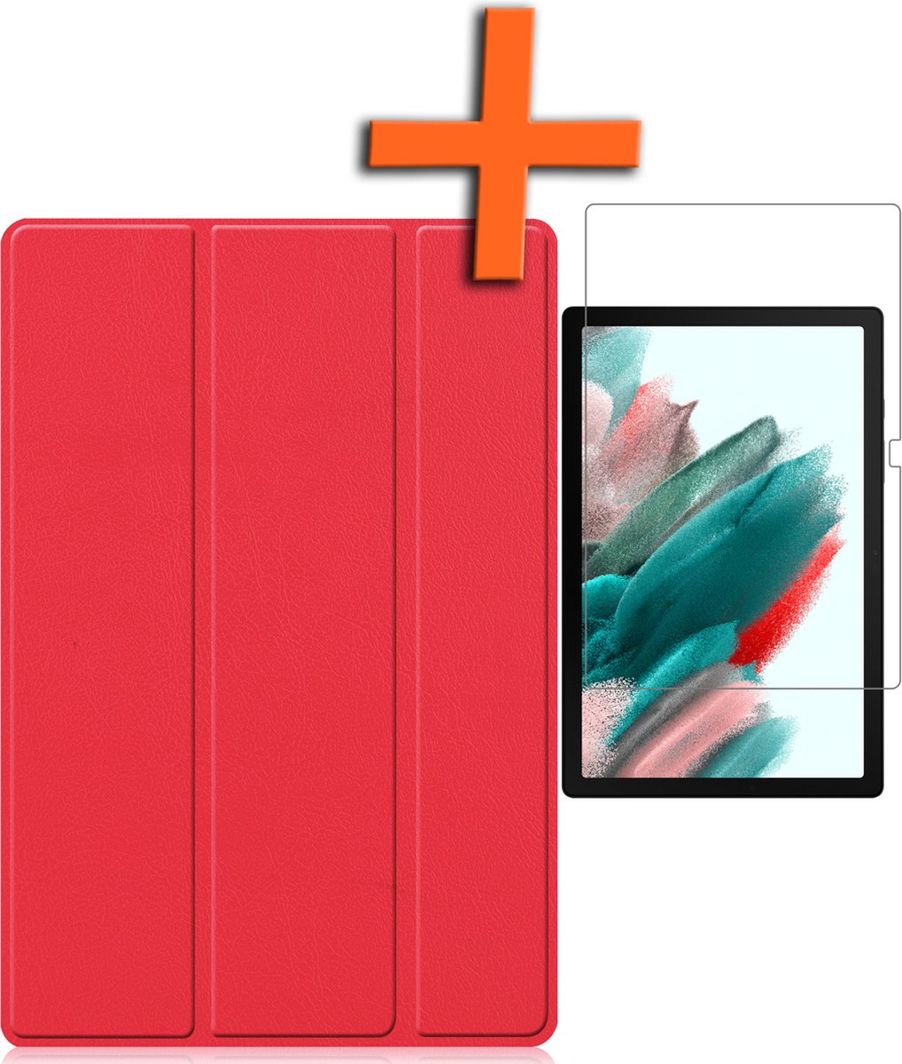 Hoes Geschikt voor Samsung Galaxy Tab A8 Hoes Tri-fold Tablet Hoesje Case Met Screenprotector - Hoesje Geschikt voor Samsung Tab A8 Hoesje Hardcover Bookcase - Rood.