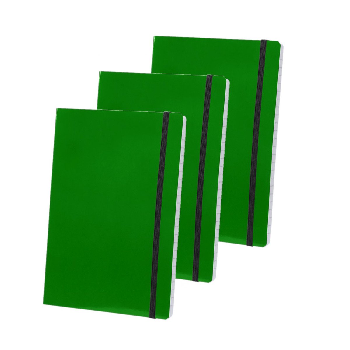 Set van 3x stuks notitieblokje groen met zachte kaft en elastiek A5 formaat - 80x lijntjes paginas - opschrijfboekjes