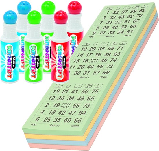 Afbeelding van het spel 100x Bingokaarten nummers 1-75 inclusief 6x bingostiften blauw/groen/rood