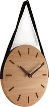 Moderne wandklok van hout en leder - Ø30CM - Design - Hout en zwart - Woondecoratie - Industriële klok - Minimalistisch - Stil uurwerk