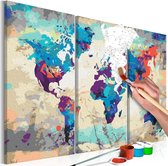 Doe-het-zelf op canvas schilderen - World Map (Blue & Red) 3 Parts.