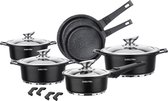 14 delige pannenset - zwart - Nieuw- Geschikt voor Alle Warmtebronnen! Kookset Marmeren interieur -PFAS-vrij | Black-pannen set