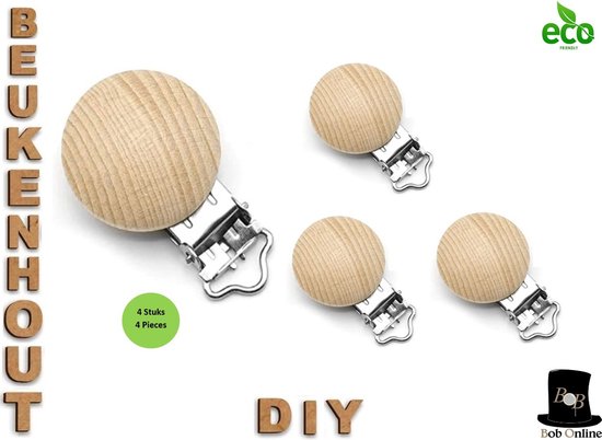 Bob Online ™ - 4 Stuks – Ronde Blanco Houten Jarretelclips los - Beukenhout Jarretelclips 30mm Blanco - Houten clip - DIY Houten Jarretelclips – 4 Pcs – Round Blank Beech Wood Suspender Clips - Speenkoorclips - Houten Bretel Clips