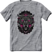 Wolf - Dieren Mandala T-Shirt | Roze | Grappig Verjaardag Zentangle Dierenkop Cadeau Shirt | Dames - Heren - Unisex | Wildlife Tshirt Kleding Kado | - Donker Grijs - Gemaleerd - XX