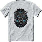Wolf - Dieren Mandala T-Shirt | Lichtblauw | Grappig Verjaardag Zentangle Dierenkop Cadeau Shirt | Dames - Heren - Unisex | Wildlife Tshirt Kleding Kado | - Licht Grijs - Gemaleerd