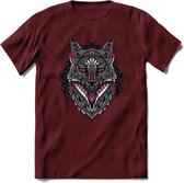 Vos - Dieren Mandala T-Shirt | Roze | Grappig Verjaardag Zentangle Dierenkop Cadeau Shirt | Dames - Heren - Unisex | Wildlife Tshirt Kleding Kado | - Burgundy - M