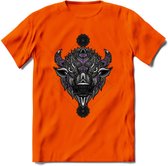 Bizon - Dieren Mandala T-Shirt | Paars | Grappig Verjaardag Zentangle Dierenkop Cadeau Shirt | Dames - Heren - Unisex | Wildlife Tshirt Kleding Kado | - Oranje - 3XL