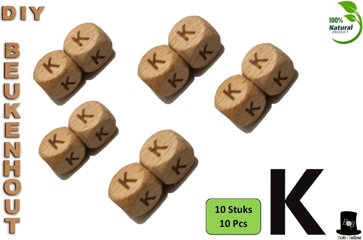 Bob Online ™ - Setje van 10 Stuks - ‘K’ Vierkant Beukenhout Kralen 12mm met ca. 3.5mm Gaatje – Houten Letter Kubus Kralen – DIY Houten Alfabet Kralen Laser Gegraveerd – 12mm Beech Wood ‘K’ Lazer Engraved Letter Beads – Doe-het-zelf Alfabet Kralen