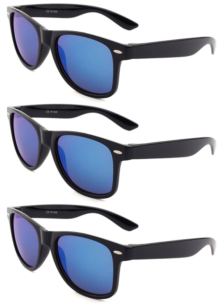 KJG - Klassieke Zonnebrillen - Zwart Montuur - Blauw Spiegel - 3 stuks
