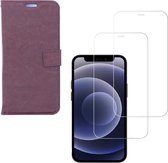 LuxeBass iPhone 12 hoesje book case + 2 stuks Glas Screenprotector bruin - telefoonhoes - gsm hoes - telefoonhoesjes - glas scherm - bescherming