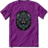 Leeuw - Dieren Mandala T-Shirt | Lichtblauw | Grappig Verjaardag Zentangle Dierenkop Cadeau Shirt | Dames - Heren - Unisex | Wildlife Tshirt Kleding Kado | - Paars - XXL