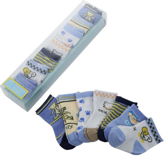 Baby Sokken - New Born - Multipack - 0-6 Maanden - Kraam Cadeau - Blauwe Tinten - Diverse Prints - Jongens Sokken - 7 Paar Sokken