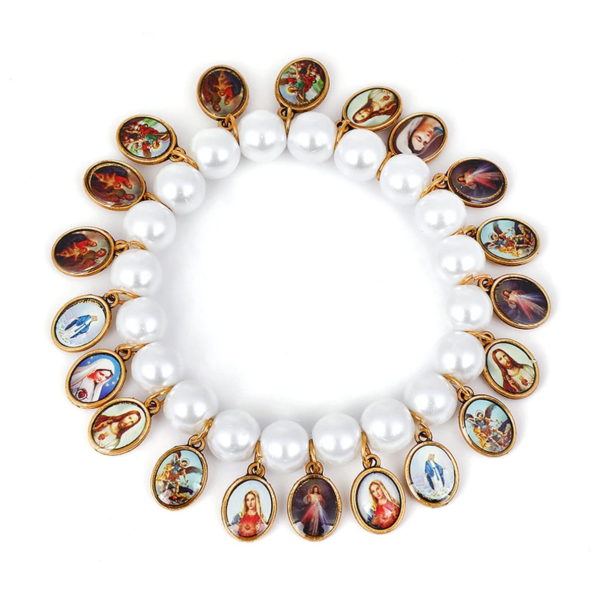 Armband parels wit met hangers heiligen.