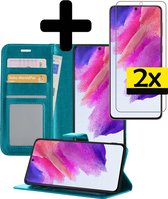 Hoesje Geschikt voor Samsung S21 FE Hoesje Book Case Hoes Wallet Cover Met 2x Screenprotector - Hoes Geschikt voor Samsung Galaxy S21 FE Hoesje Bookcase Hoes - Turquoise