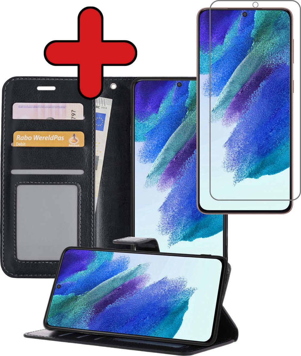 Hoesje - Met Screenprotector - Geschikt voor Samsung Galaxy S21 FE - Luxe Pasjeshouder - Flipcase - Bookcase Portemonee - Flip Case - Kunstleer Book Case - Book Cover - Walletcase - Portemonneehoes - Telefoonhoes - Zwart