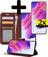Hoesje Geschikt voor Samsung S21 FE Hoesje Book Case Hoes Wallet Cover Met 2x Screenprotector - Hoes Geschikt voor Samsung Galaxy S21 FE Hoesje Bookcase Hoes - Bruin