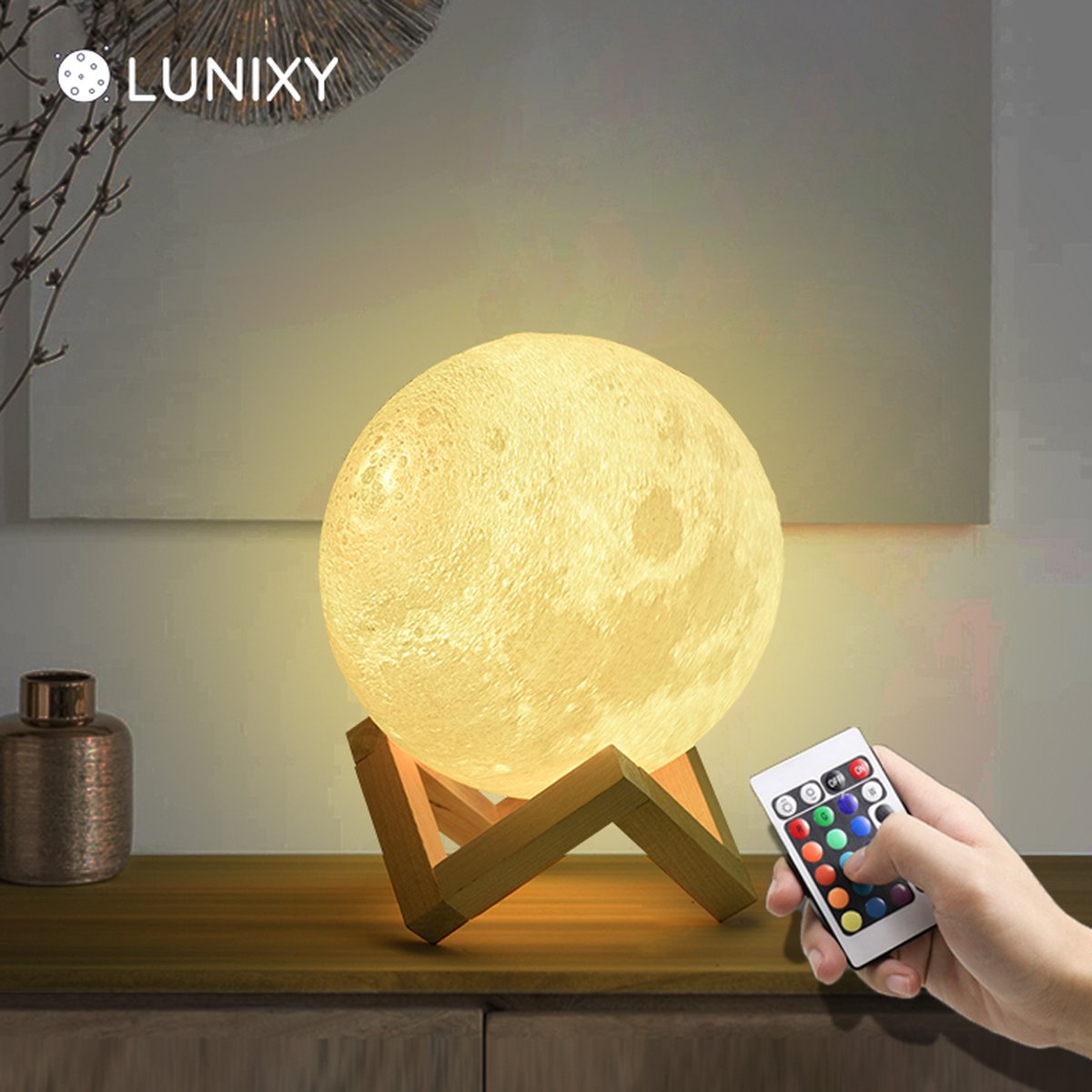 Lunixy® Maan Lamp 3D Tafellamp - Maanlamp - Lavalamp - 18 cm - Accu tot 89 uur - 16 Dimbare LED Kleuren – Afstandsbediening